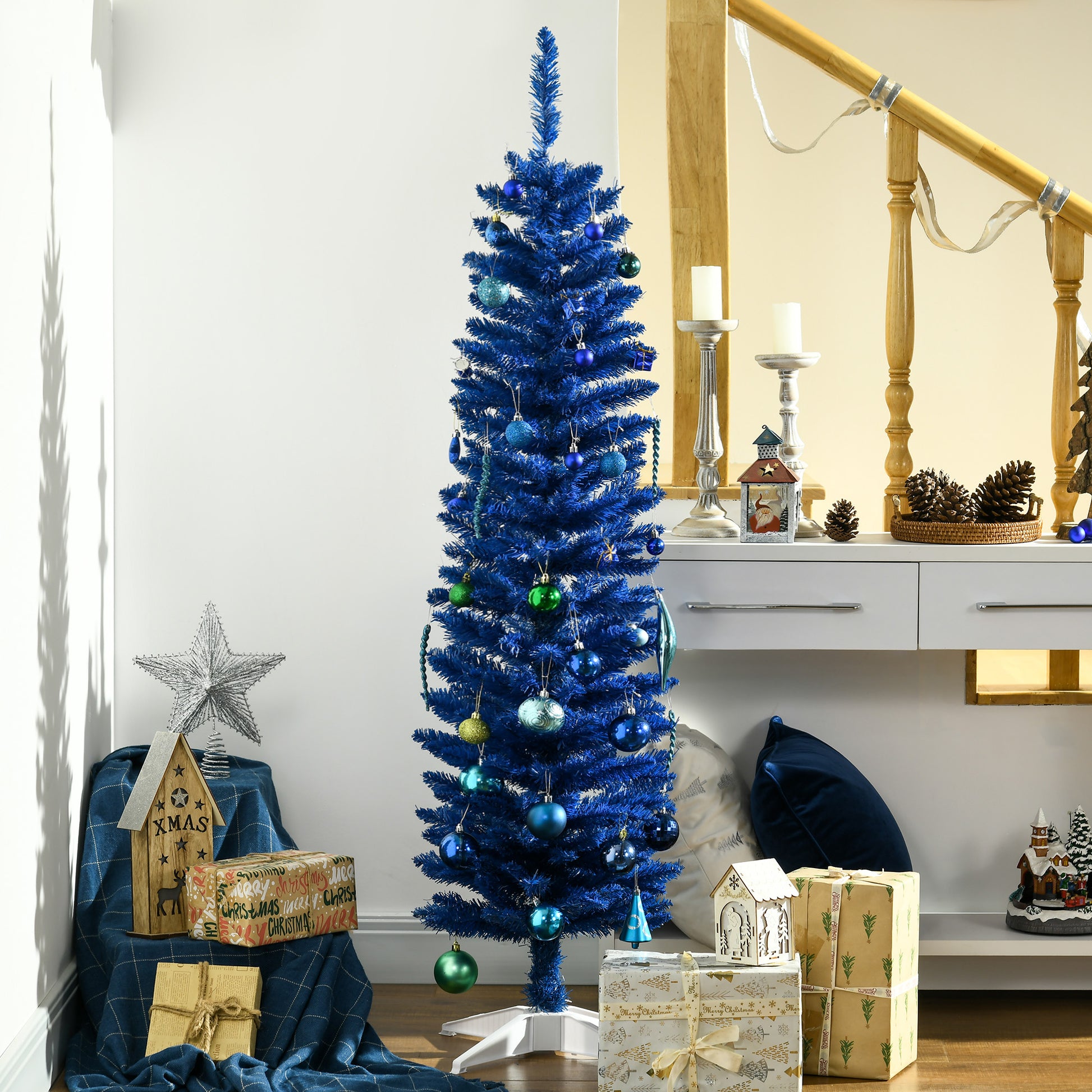 5ft Pencil Christmas Trees, Skinny Artificial Christmas Tree for Xmas Holiday Decor, Deep Blue