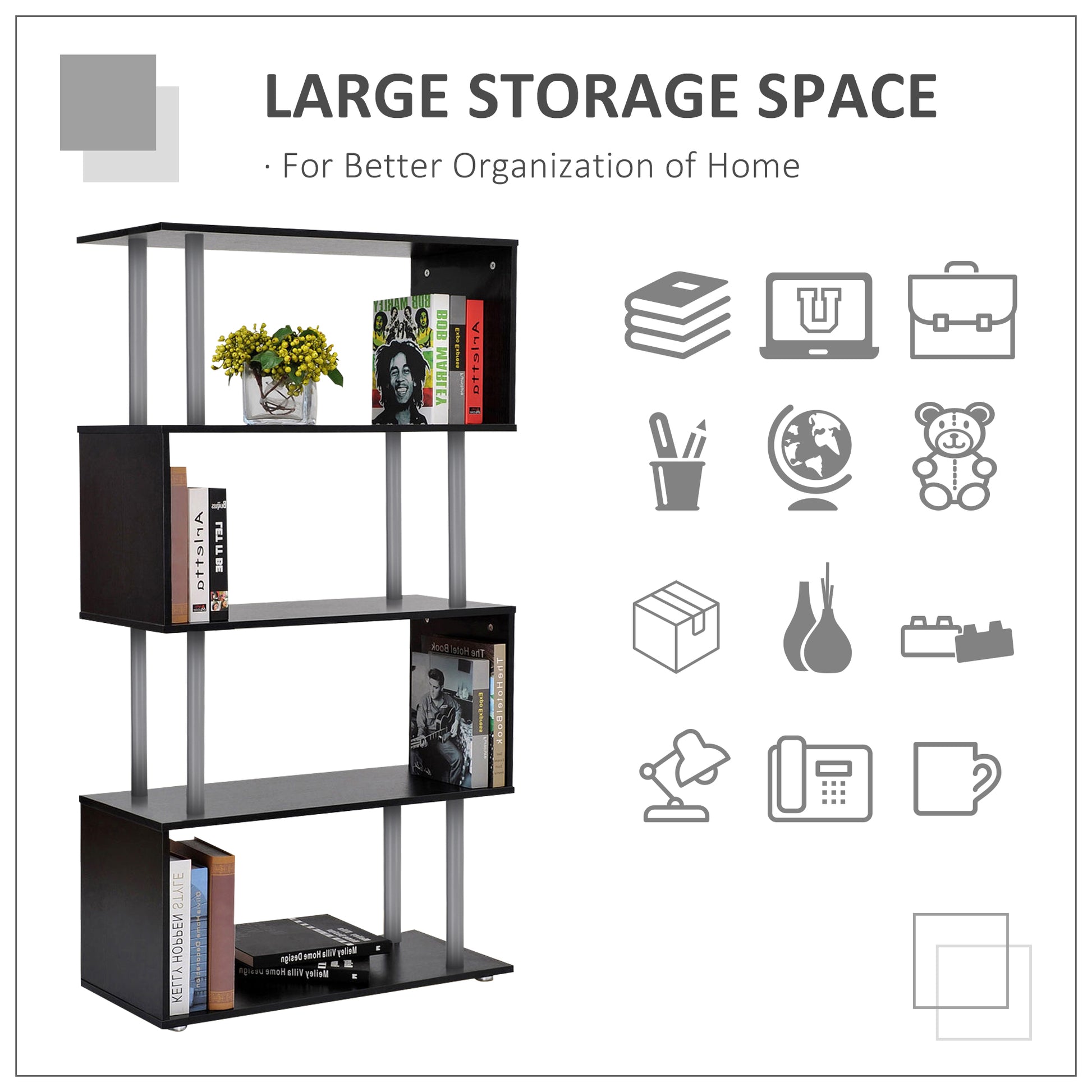 5-Tiers Geometric Wooden Bookcase S-Shaped Storage Bookshelf Display with Metal Frame for Living Room, Bedroom, Home Off