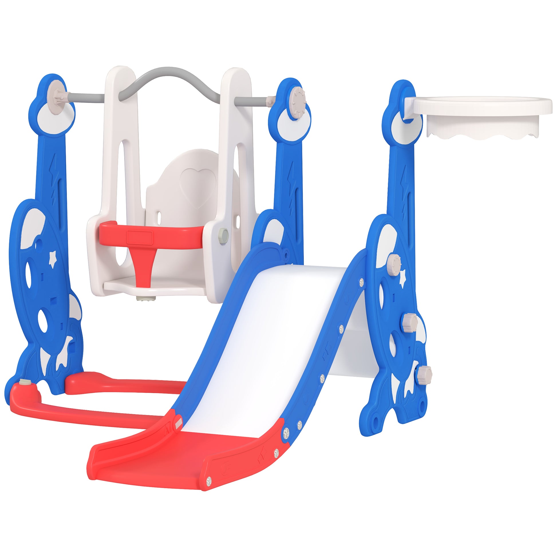 Qaba 4-in-1 Slide and Swing Set with Basketball Hoop, Climber, for Ages 1.5-4 Boys Girls Toddler, Rocket Themed, Dark Bl