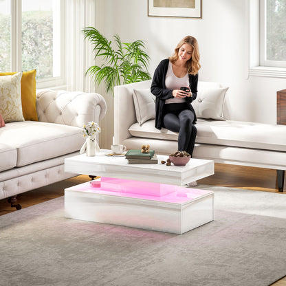 LED Coffee Table, Living Room Table with 2 Drawers and Open Shelf, High Gloss White