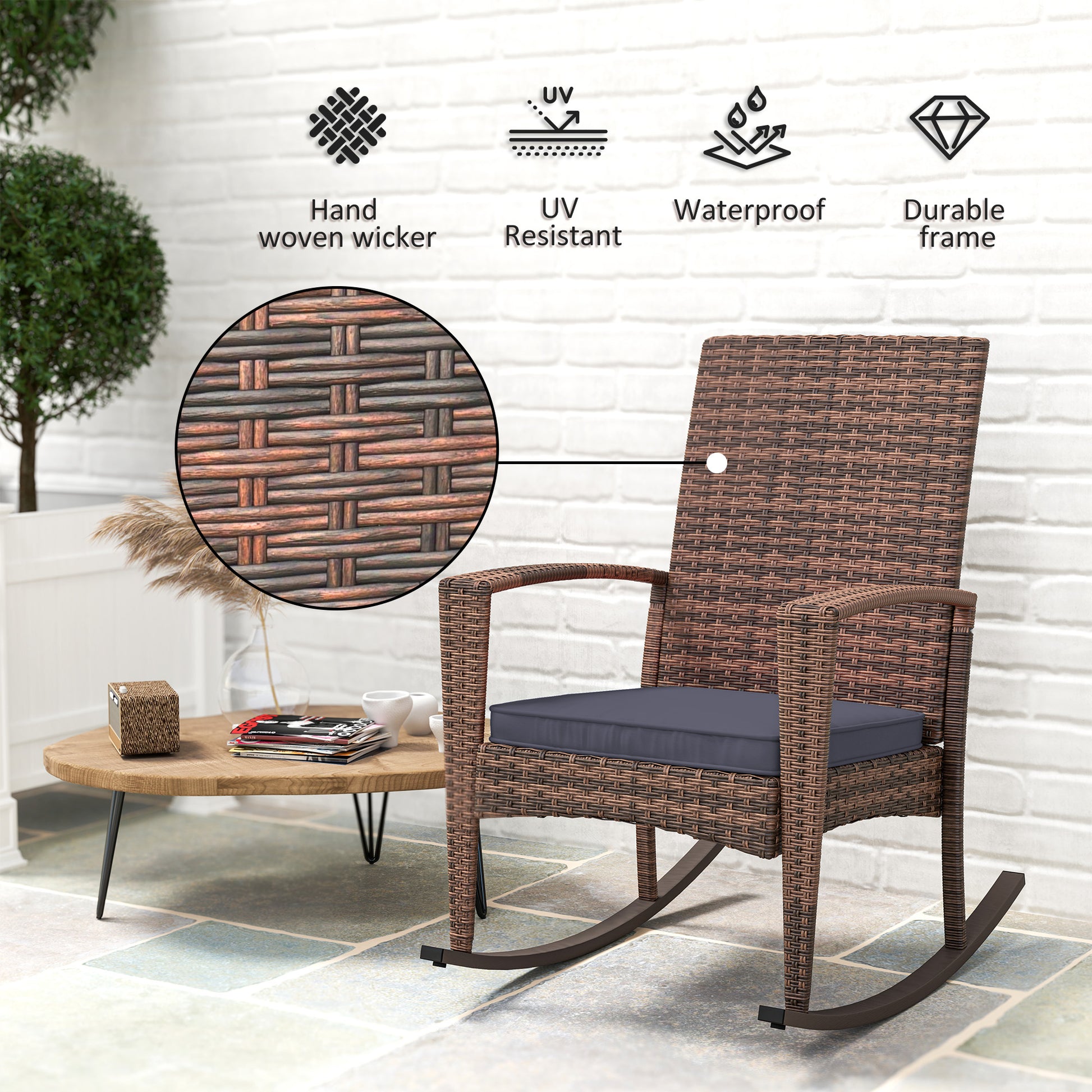 Outdoor PE Rattan Rocking Chair, Garden Glider Rocking Chair, Wicker Patio Chair Set with Armrest and Cushion, Dark Blue