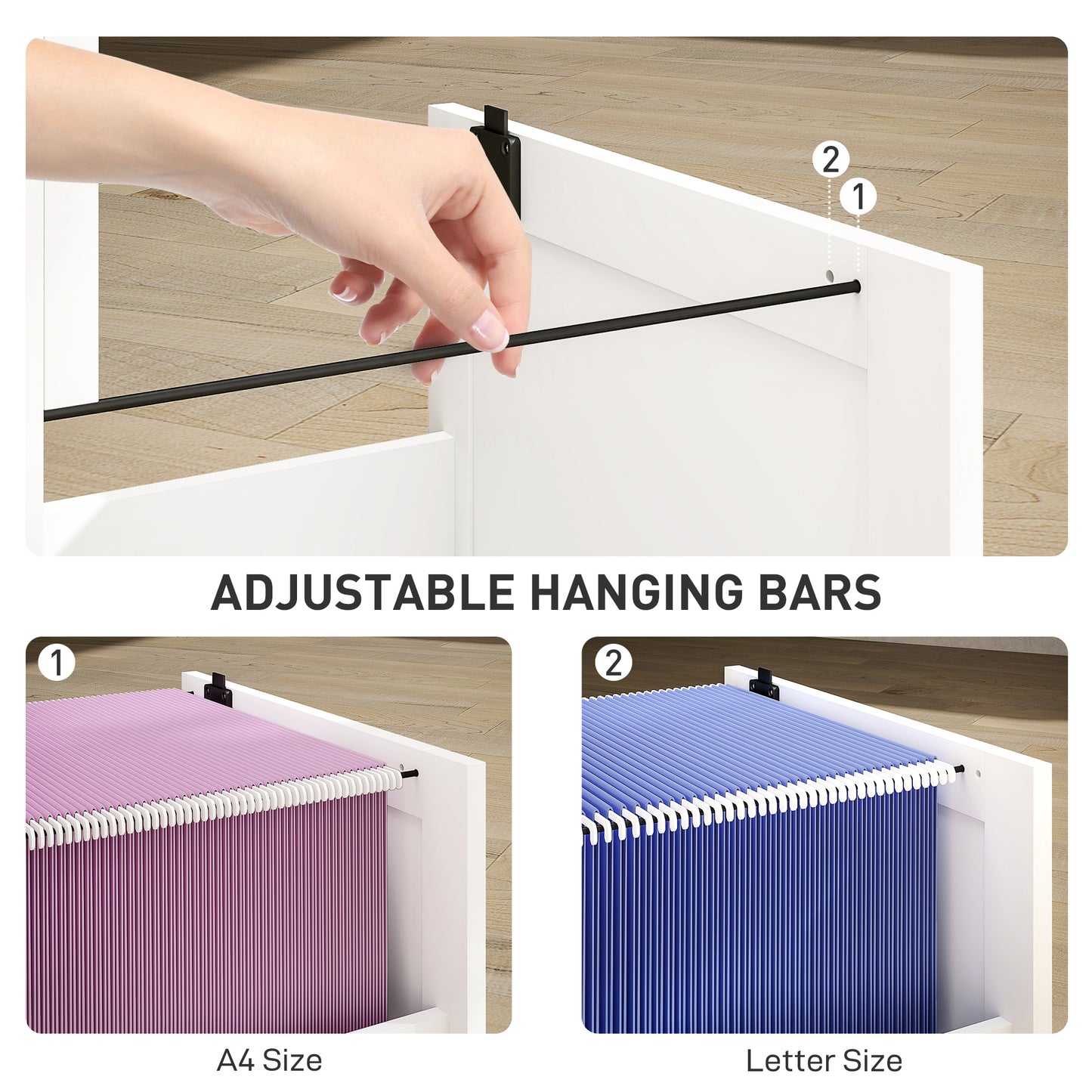 2 Drawer Filing Cabinet with Lock, Office Storage Cabinet with Adjustable Hanging Bars for A4 Letter Size Files, White