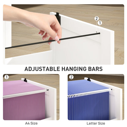 2 Drawer Filing Cabinet with Lock, Office Storage Cabinet with Adjustable Hanging Bars for A4 Letter Size Files, White