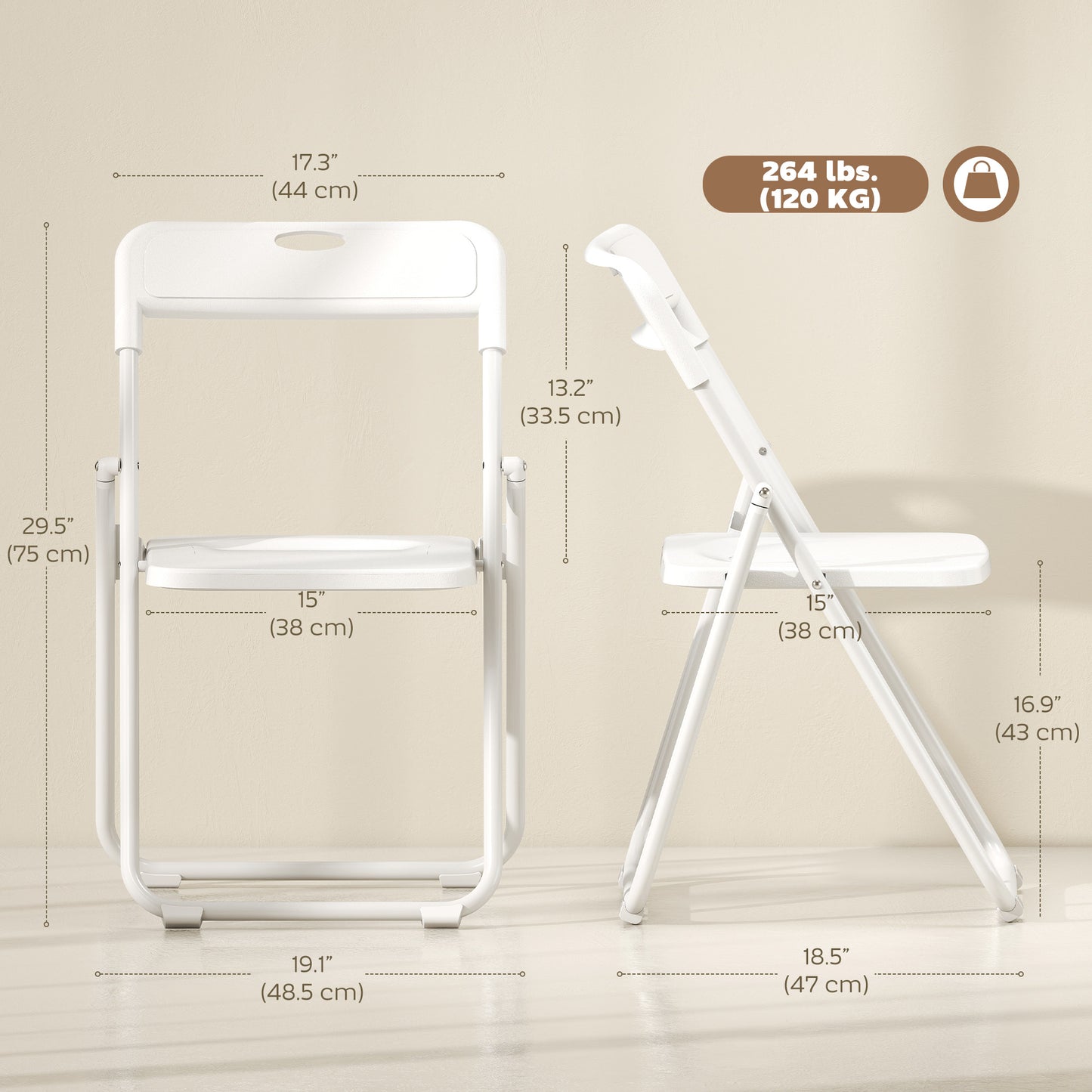 Folding Chairs 6 Pack, Plastic Foldable Chairs with Vent, Carry Hole and Steel Frame for Home, Office, Dining, White