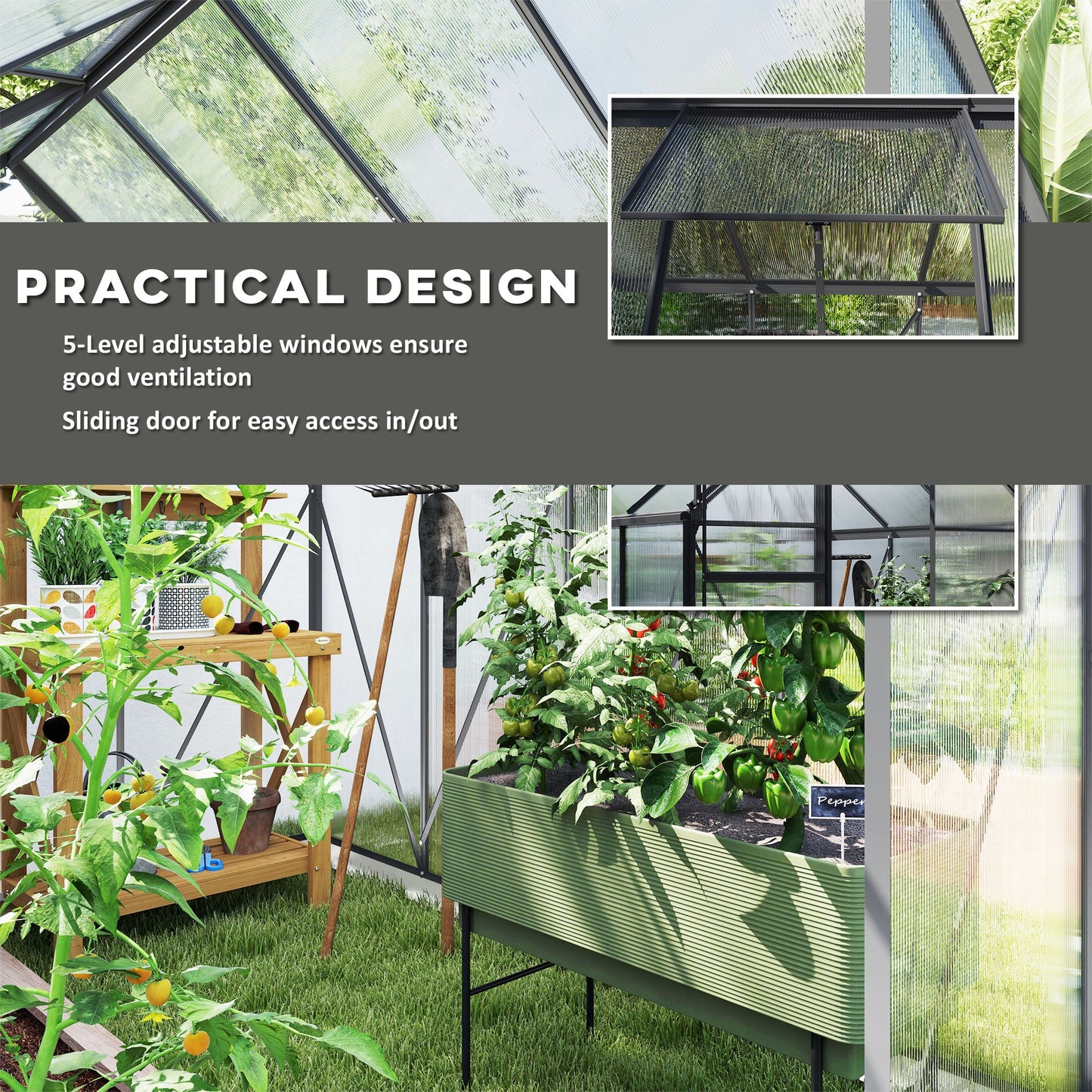 6' x 8' x 6.5' Polycarbonate Greenhouse, Walk-in Green House with Adjustable Roof Vent Galvanized Base Sliding Door Rain
