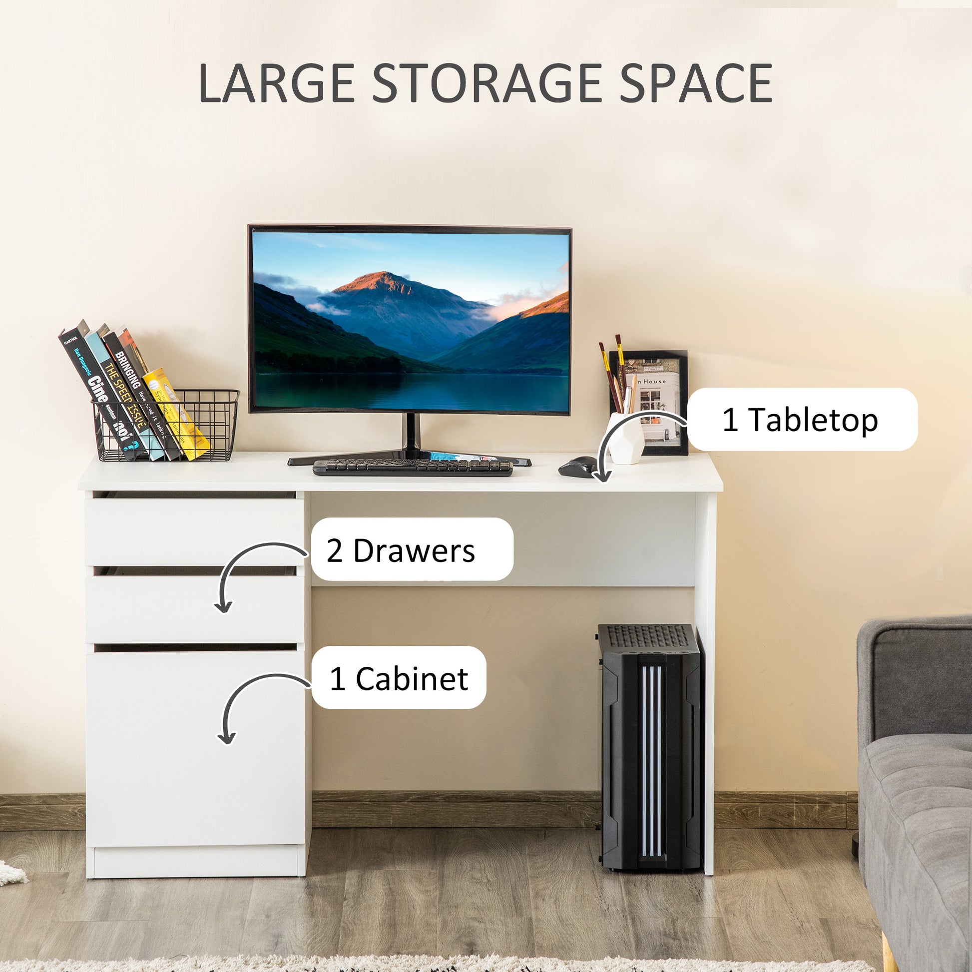 Modern Computer Desk, Home Office Desk for Study, Writing Workstation with Storage Drawer and Cabinet for Living Room, W
