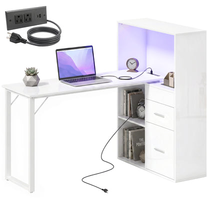 54" Computer Desk with Drawers, Home Office Desk with Storage, Power Outlets and LED Lights, White