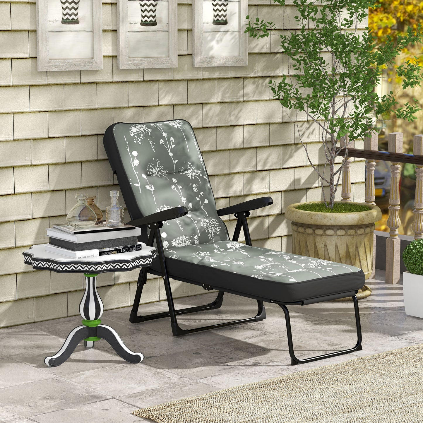 Outdoor Lounge Chair with Padded Cushion, Folding Reclining Patio Garden Chair with Recline Back, Footrest, for Poolside