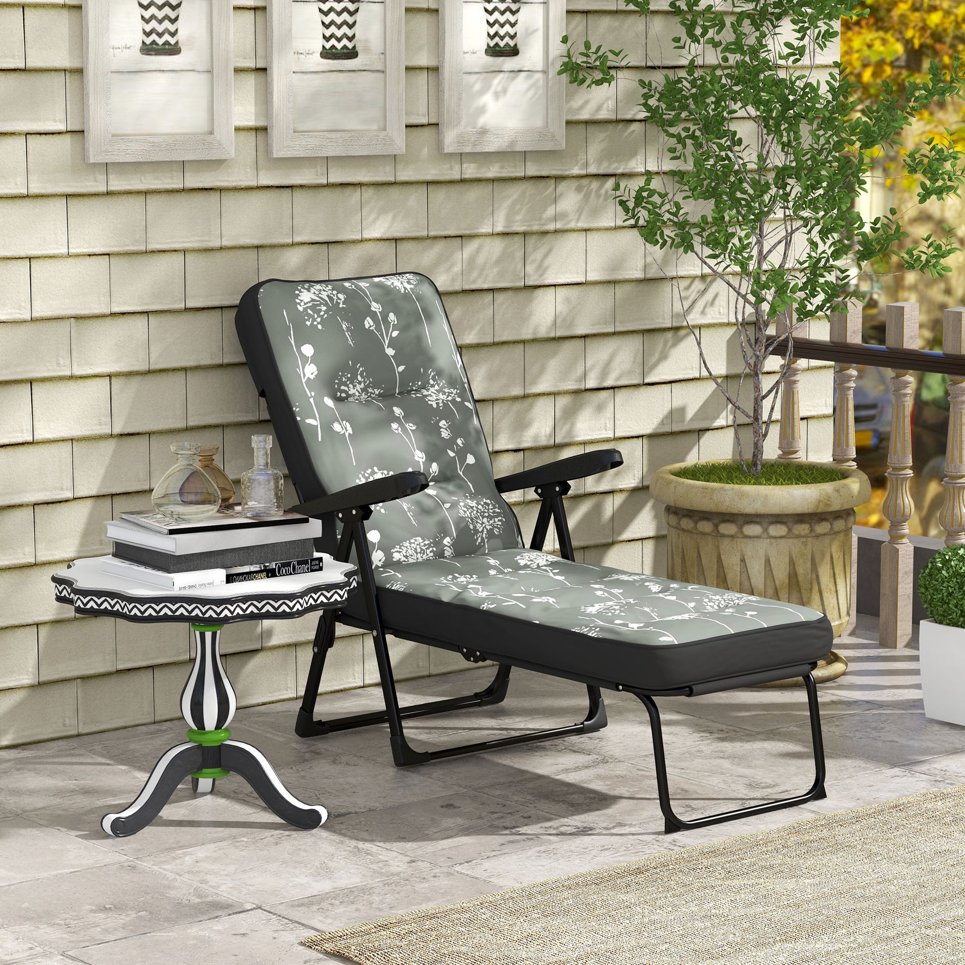 Outdoor Lounge Chair with Padded Cushion, Folding Reclining Patio Garden Chair with Recline Back, Footrest, for Poolside