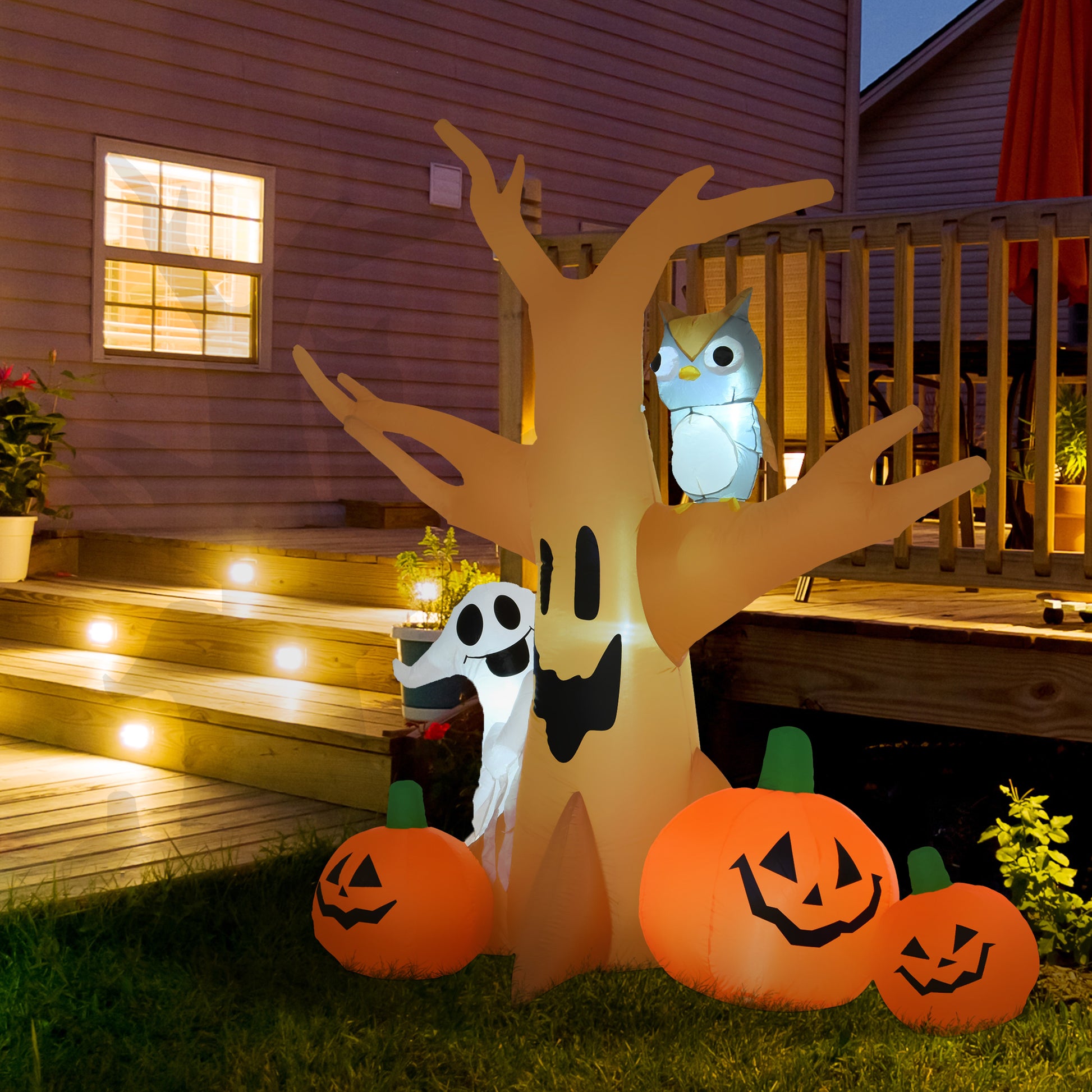 Inflatable Halloween Decoration Haunted Tree with Owl, Ghost, Pumpkins, Blow-Up Outdoor LED Display for Lawn, Garden, Pa