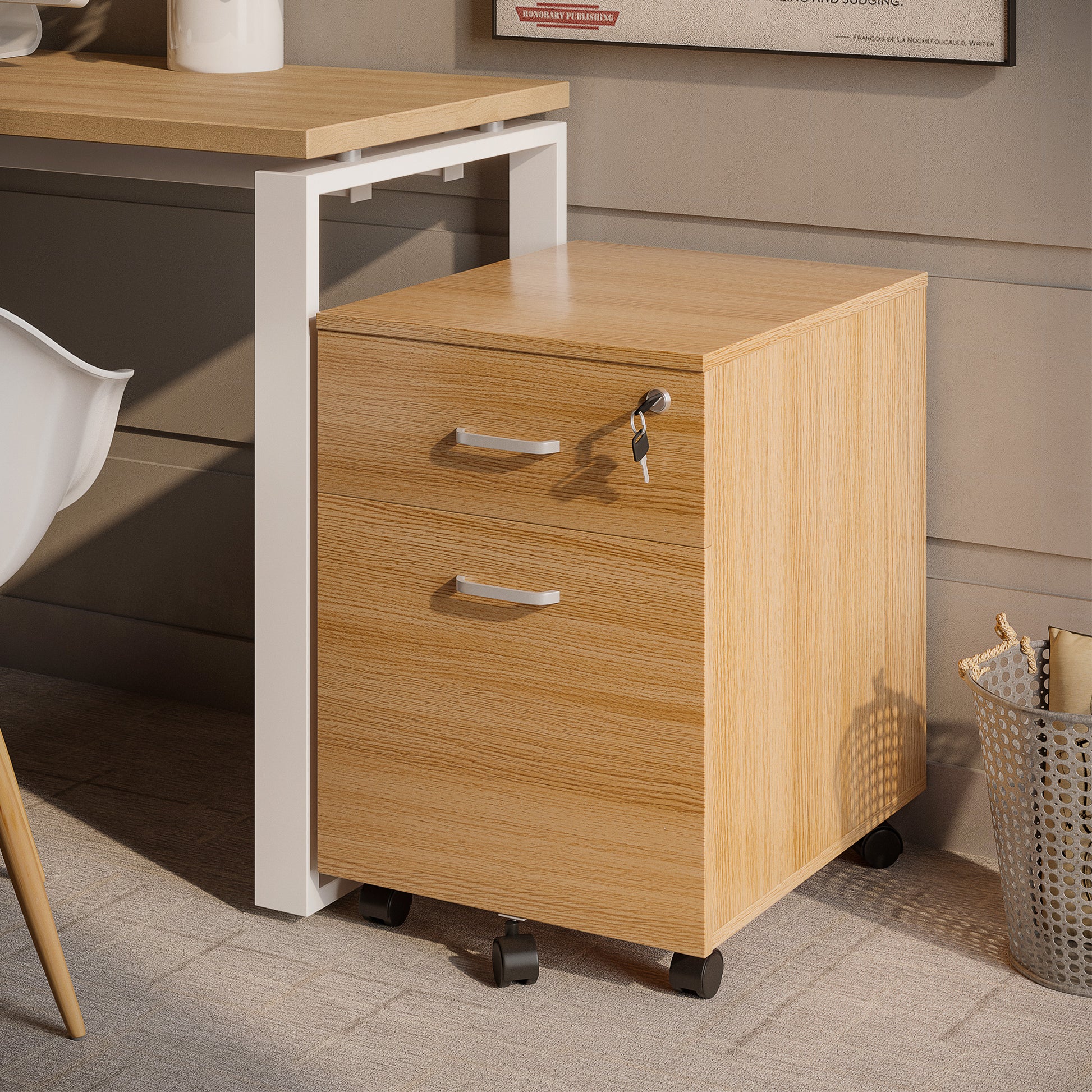 2 Drawer File Cabinet with Lock and Keys, Mobile Vertical Filing Cabinet with Wheels and Drawers, Home Office Cabinet, N