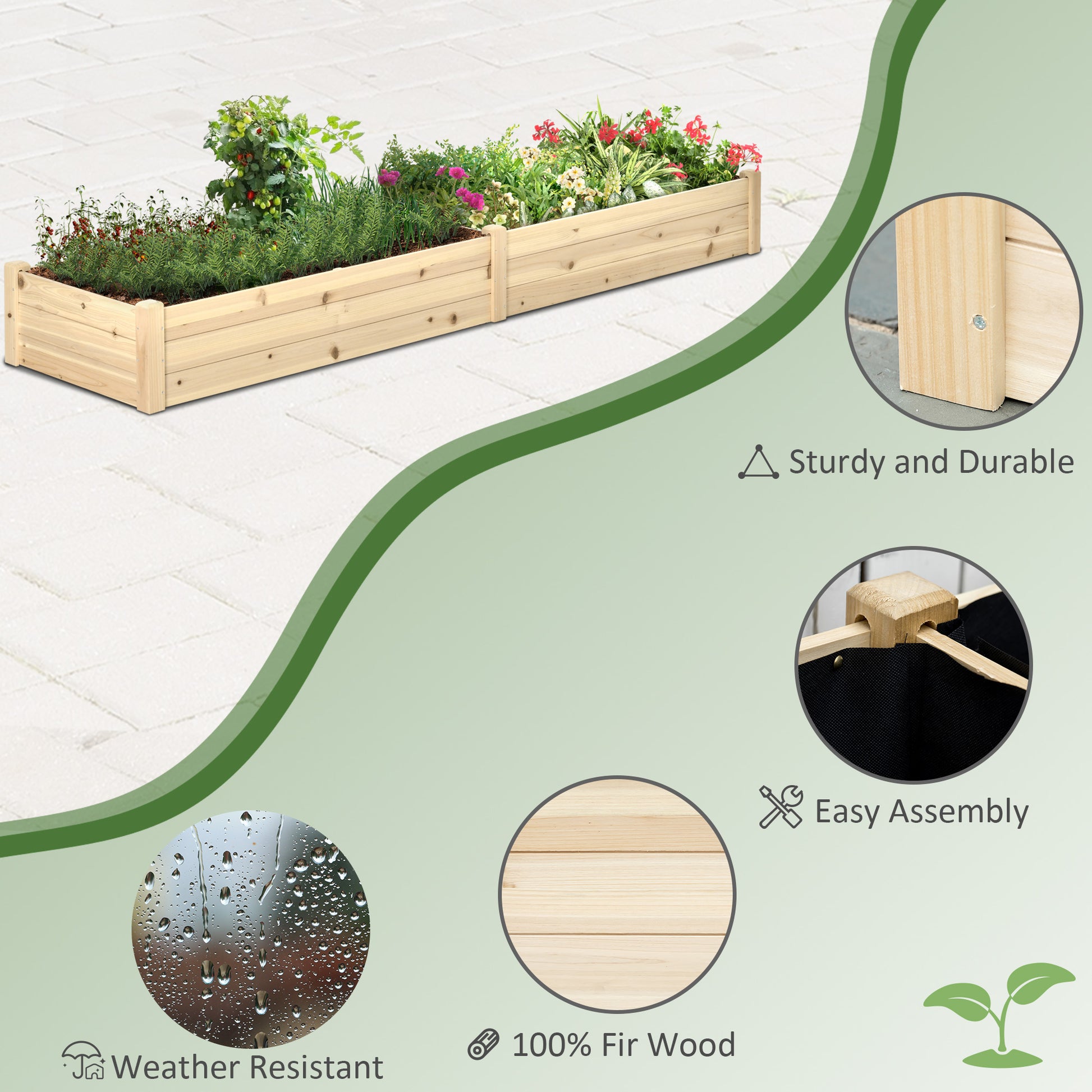 96" x 24" x 10" Wooden Raised Garden Bed with 2 Planter Box and Non-woven Fabric Liner for Backyard, Patio to Grow Veget