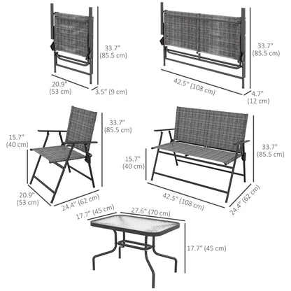 Outdoor 4 Pieces Patio Furniture Set, Garden Set with Two Foldable Armchairs, a Loveseat & Glass Top Table, Mixed Grey