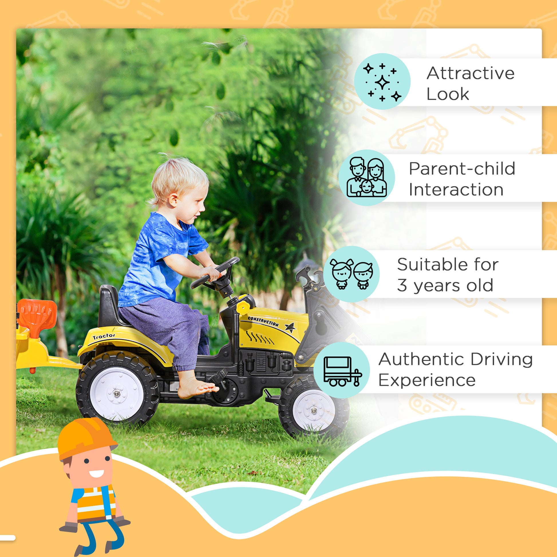 VarietyKart Front Loader Excavator Ride On Toy Pedal Control with 6 Wheels Controllable Bucket for 3 Years Old, Yellow