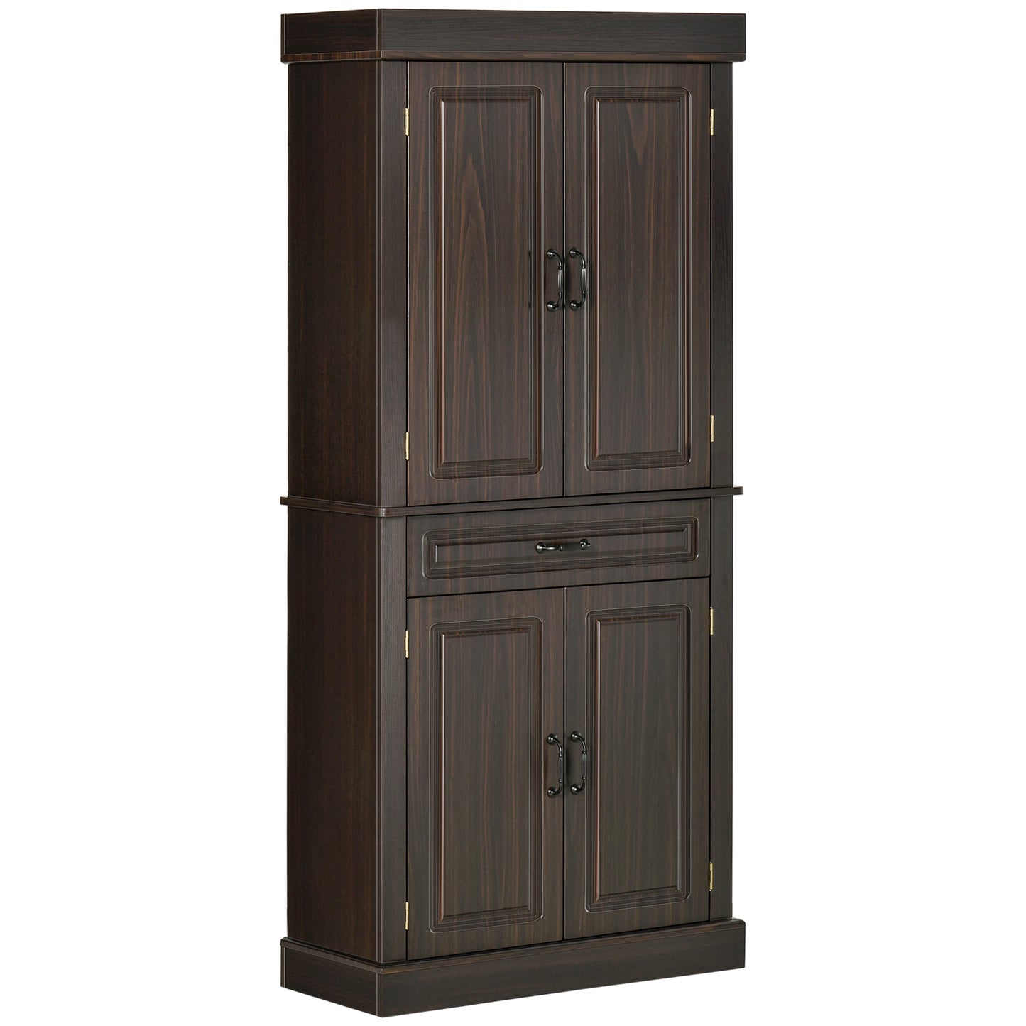 71" Freestanding Kitchen Pantry with 4 Doors and 2 Cabinets, Tall Storage Cabinet for Kitchen, Distressed Coffee