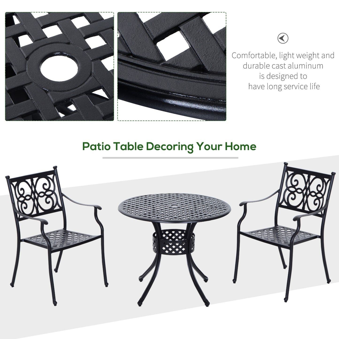 33-Inch Roud Patio Dining Table with Umbrella Hole, Cast Aluminum Garden Table, All Weather Patio Bisto Table, for Lawn,