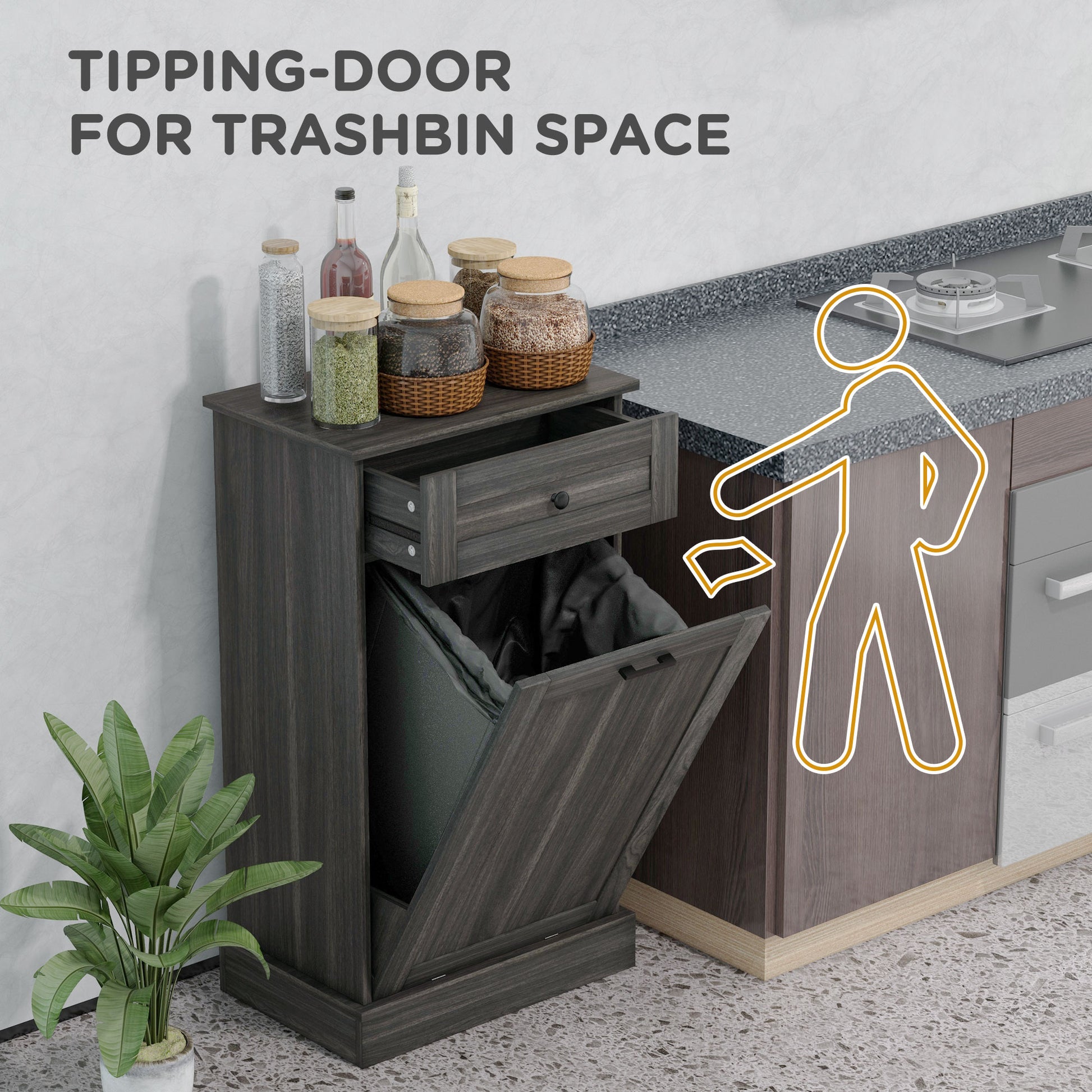 Kitchen Tilt Out Trash Bin Cabinet, Free Standing Recycling Cabinet, Trash Can Holder with Drawer, Charcoal Grey