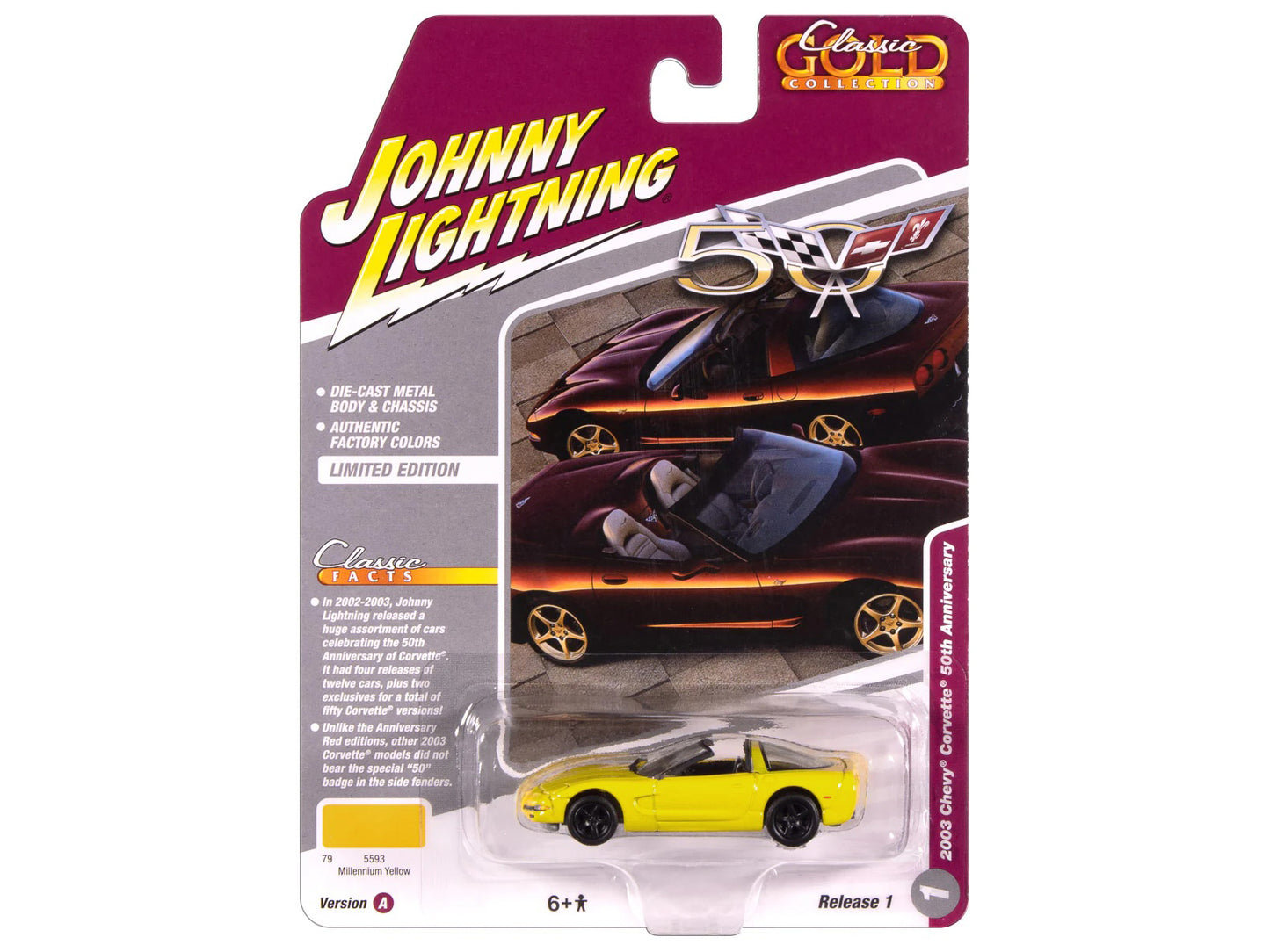 2003 Chevrolet Corvette Convertible "50th Anniversary" Millennium Yellow "Classic Gold Collection" 1/64 Diecast Model Car by Johnny Lightning
