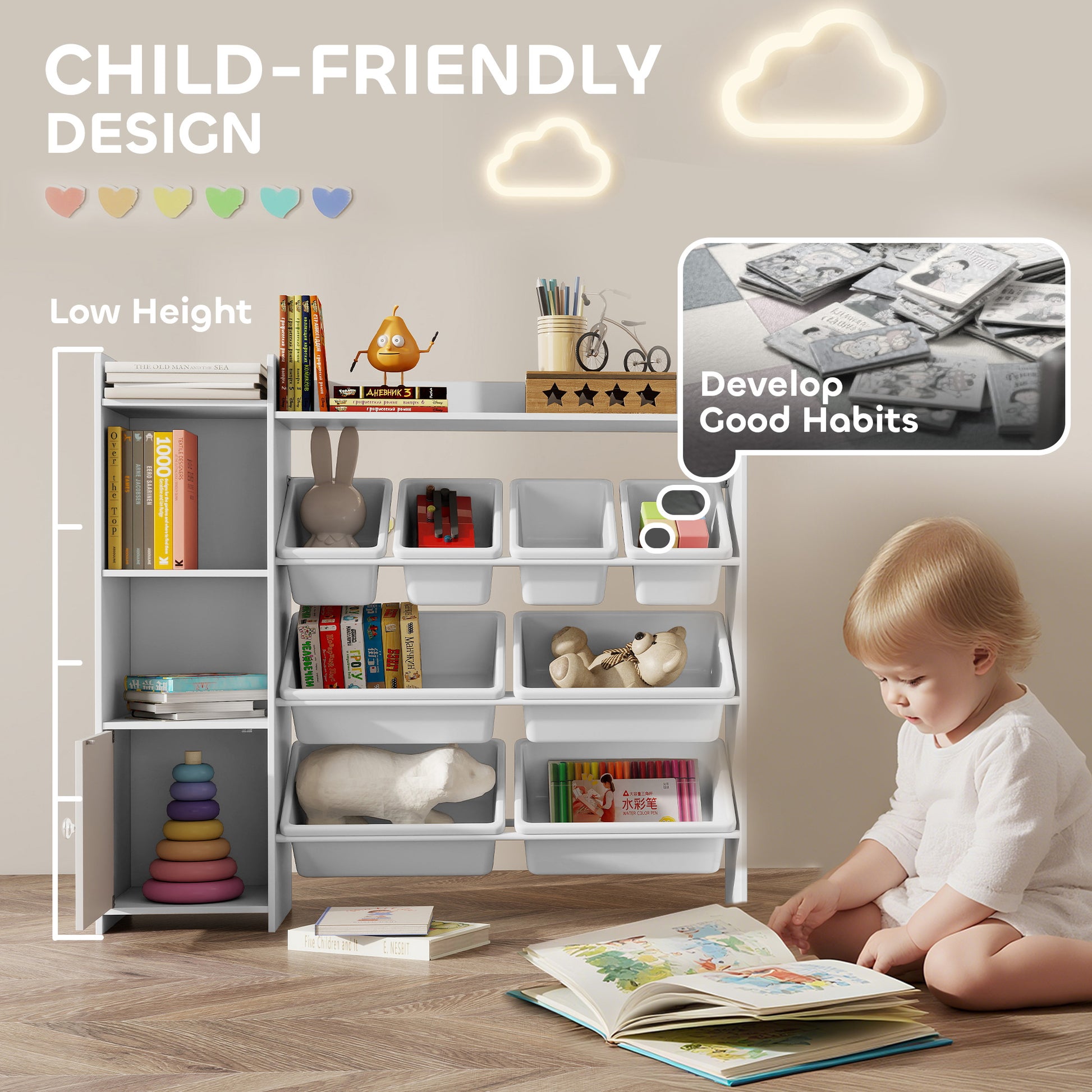 Qaba Kids Bookshelf and Toy Storage Organizer, Children Bookcase with 8 Removable Bins, Cabinet for Playroom, Kids Room,