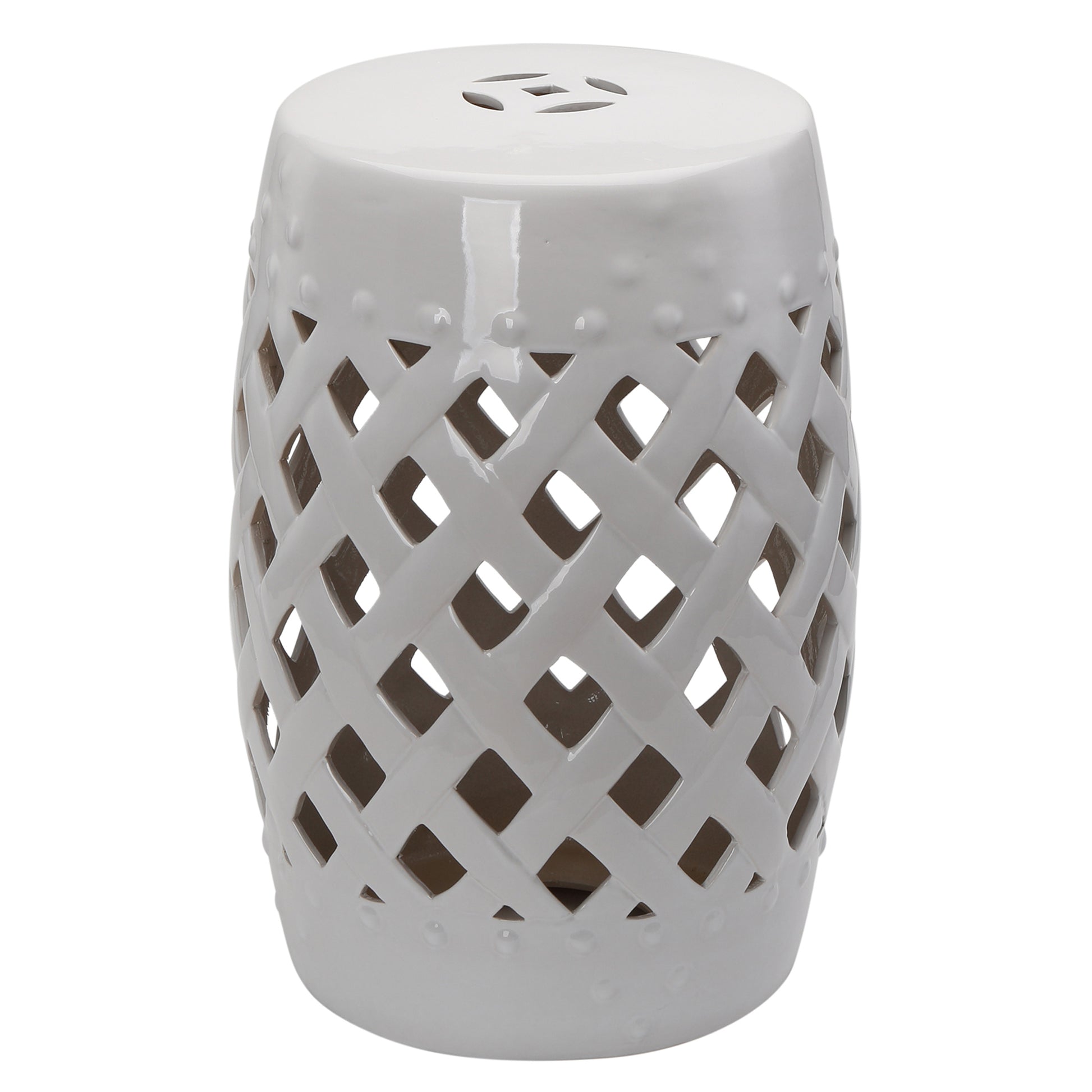 12.4" x 17.9" Ceramic Garden Stool with Woven Lattice Design, Indoor & Outdoor Decorative Accent Stool, White