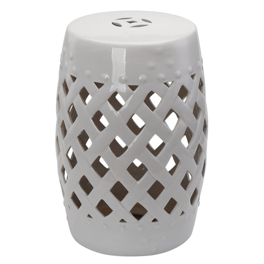 12.4" x 17.9" Ceramic Garden Stool with Woven Lattice Design, Indoor & Outdoor Decorative Accent Stool, White