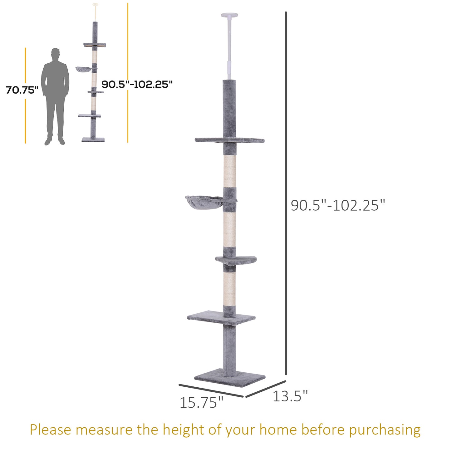 8.5ft Cat Climbing Tree 5-Tier Cat Activity Center Floor-to-Ceiling Cat Climber Toy with Scratching Post Play Rest Post 