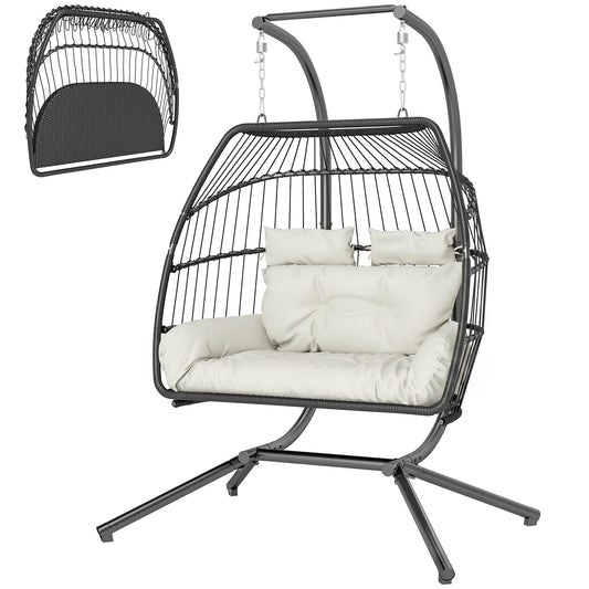 Double Wicker Egg Swing Chair with Stand, Foldable Hanging Egg Chair with UV Resistant Cushion, Headrest, Cream White