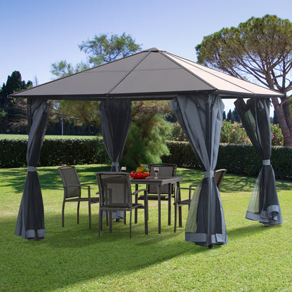 9.8' x 9.8' Garden Aluminium Gazebo Hardtop Roof Canopy Marquee Party Tent Patio Outdoor Shelter with Mesh Curtains & Si
