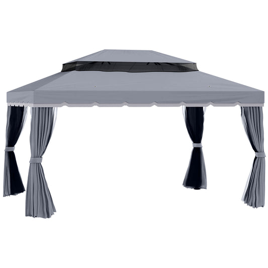 13' x 10' Patio Gazebo, Double Roof Outdoor Gazebo Canopy Shelter with Netting & Curtains, Strong Aluminum Frame, Dark G