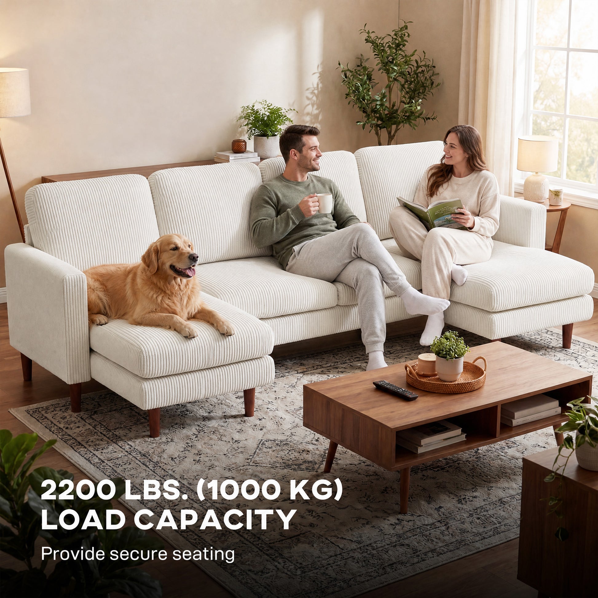 Sectional Sofa, Corduroy U Shaped Couch with Double Chaise and Spring Cushions, 2200lb Capacity, Beige
