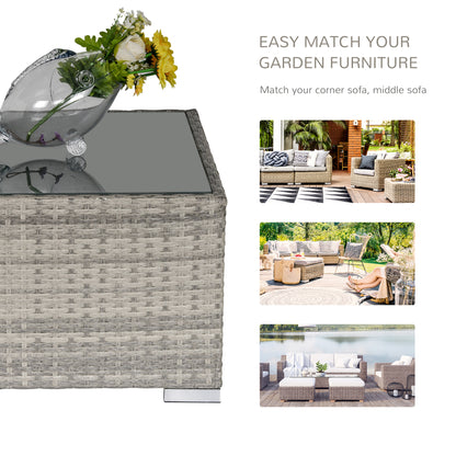 Rattan Garden Coffee Table, 25.6" Square Garden Rattan Table with Tempered Glass Top, Grey
