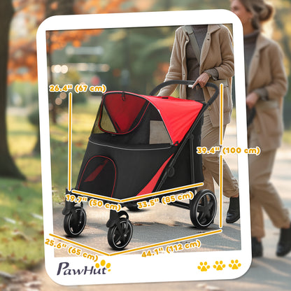 Foldable Pet Stroller with Universal Front Wheels, Shock Absorber, Dog Cat Carriage for Large & Medium Dogs, Red