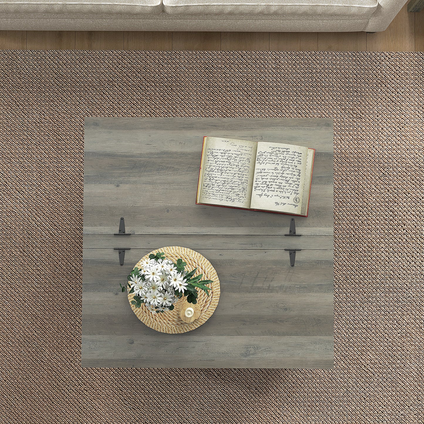 Farmhouse Coffee Table, Square Center Table with Flip-top Lids, Hidden Storage Compartment and Wooden Legs, Distressed G