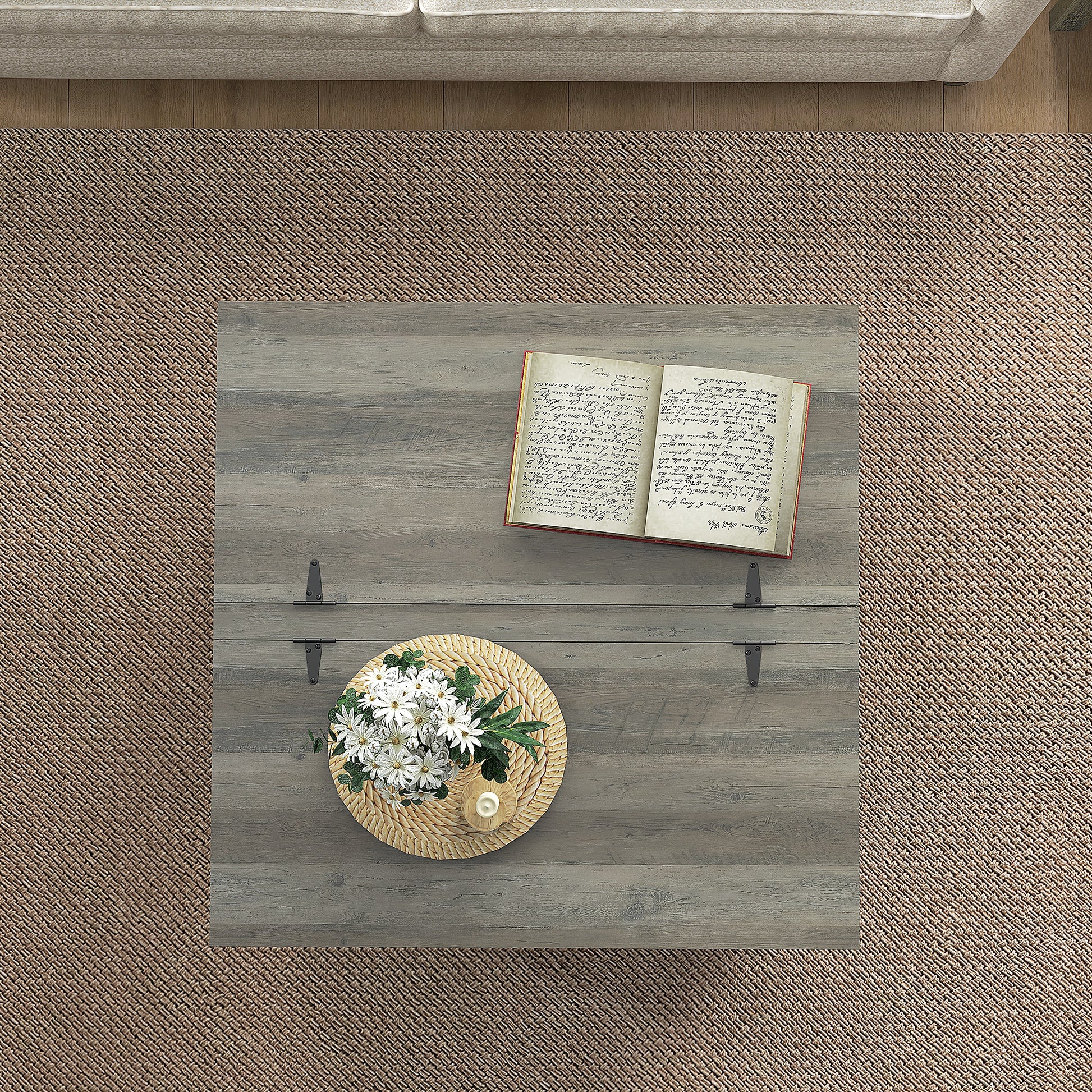 Farmhouse Coffee Table, Square Center Table with Flip-top Lids, Hidden Storage Compartment and Wooden Legs, Distressed G