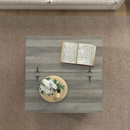 Farmhouse Coffee Table, Square Center Table with Flip-top Lids, Hidden Storage Compartment and Wooden Legs, Distressed G