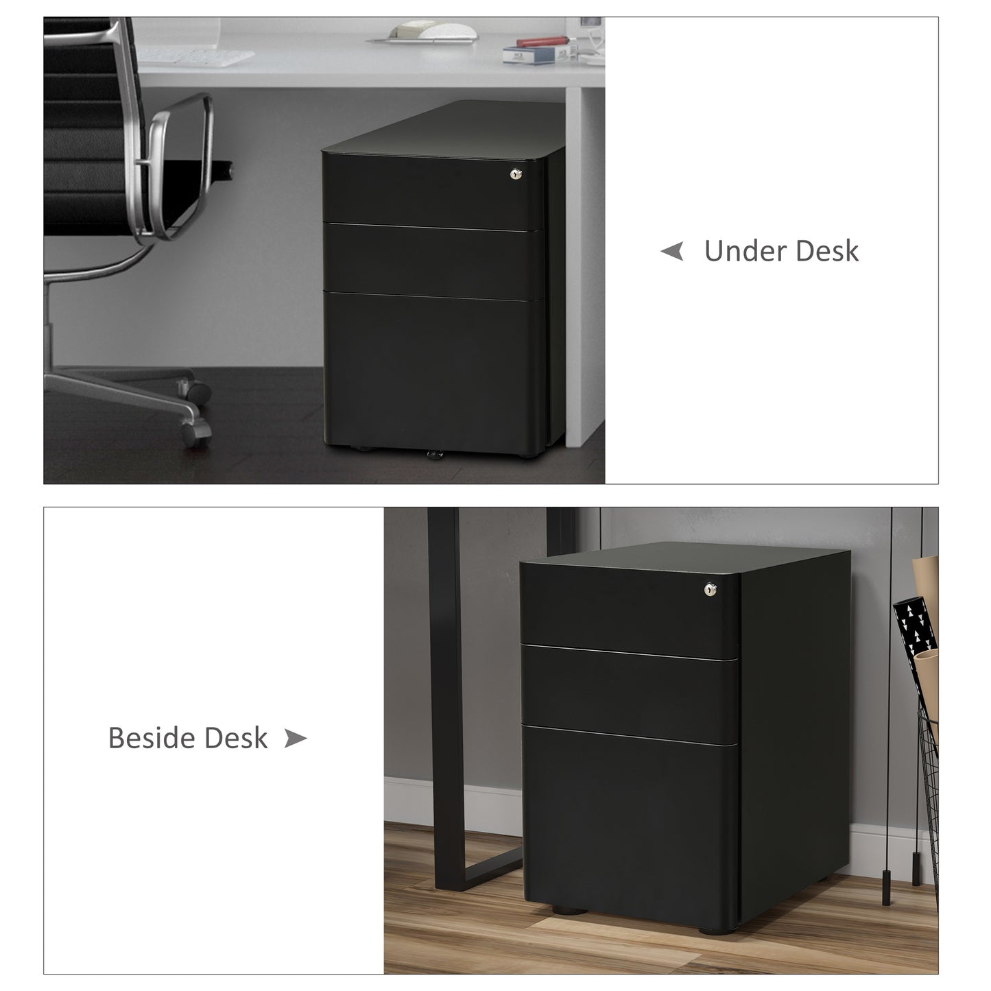 Metal Filing Cabinet 3 Drawer, Mobile Office Cabinet with Wheels for Legal, Letter, A4 File, Black