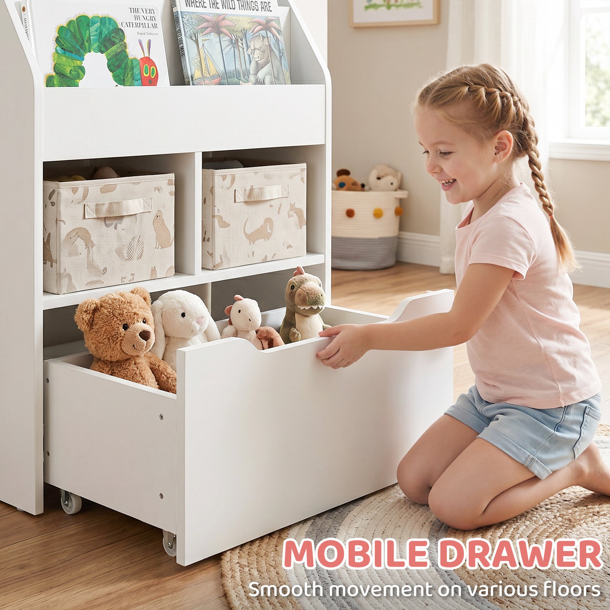 Kids Bookshelf Bookcase, Montessori-Inspired 4 Tier Large Capacity Rack Organizer with Moveable Drawer for Books for Rea