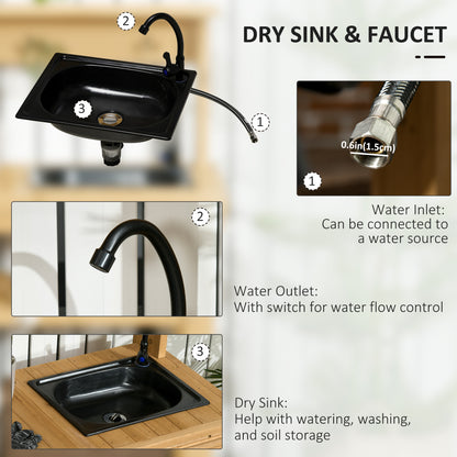 Outdoor Potting Bench Table with Faucet, Removable Sink, Hooks and Storage Shelves, Wood Work Bench Workstation for Gree