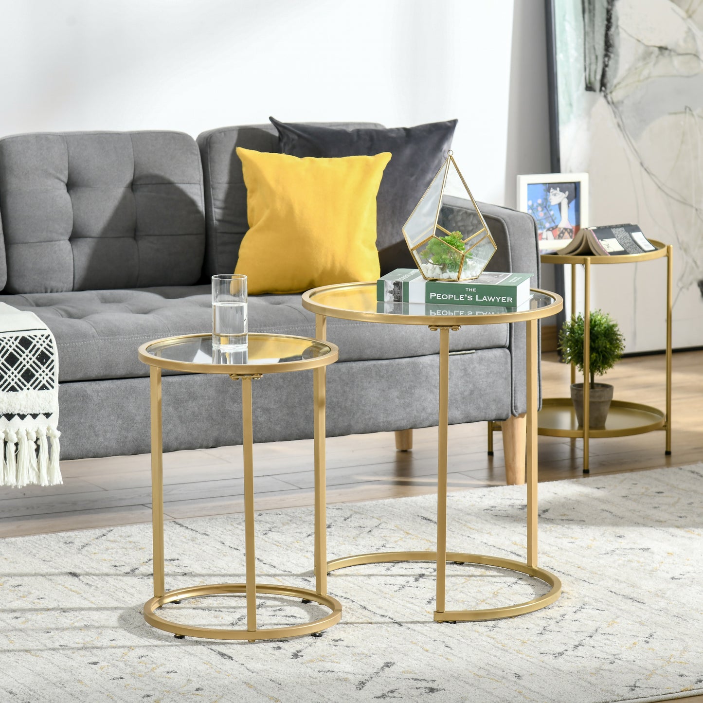 Set of 2 Nesting Coffee Tables with Metal Base, Round Side Table with Tempered Glass Tabletop for Living Room, Bedroom, 