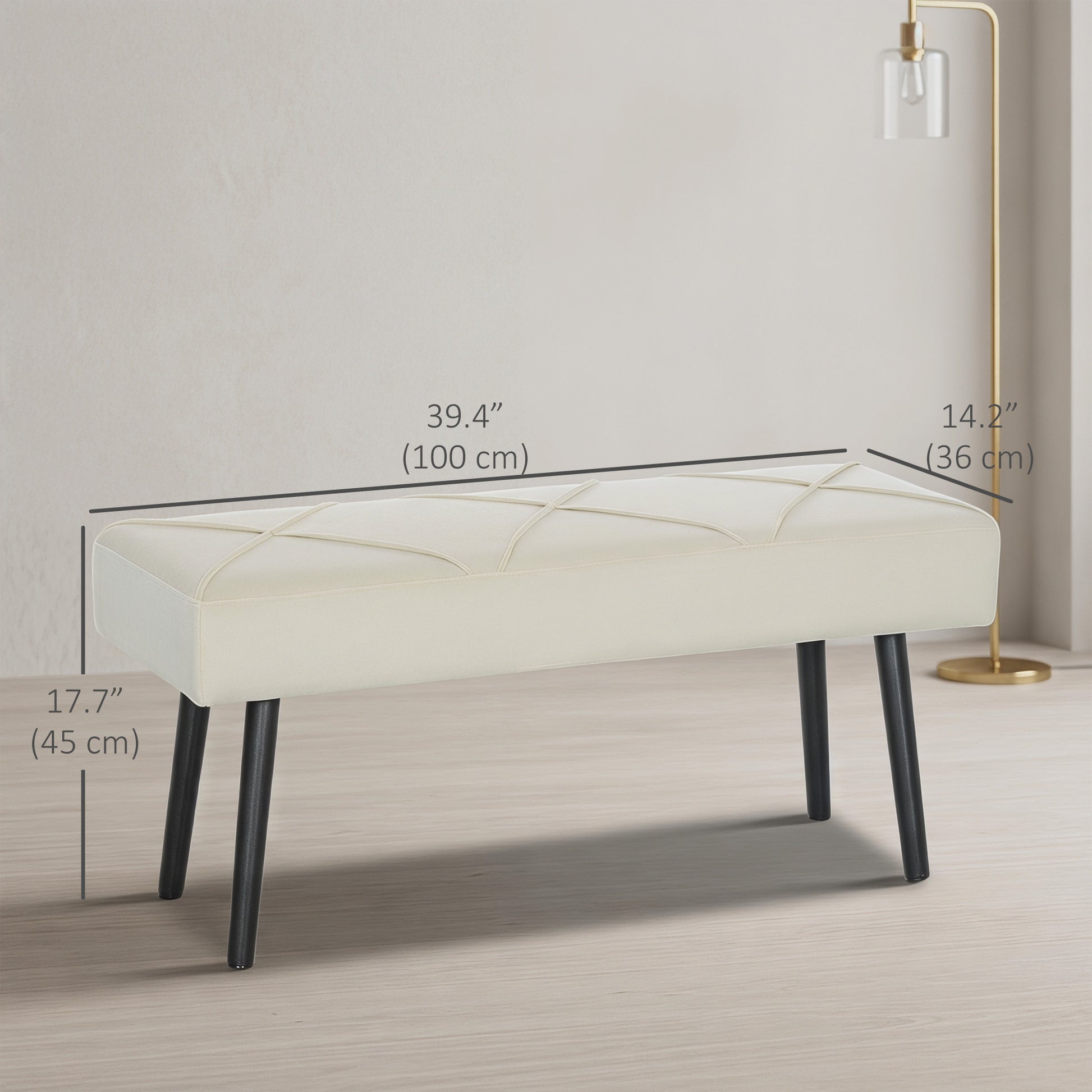 39 Inches Upholstered Bedroom Bench, Modern End of Bed Bench with Steel Legs, Cream White
