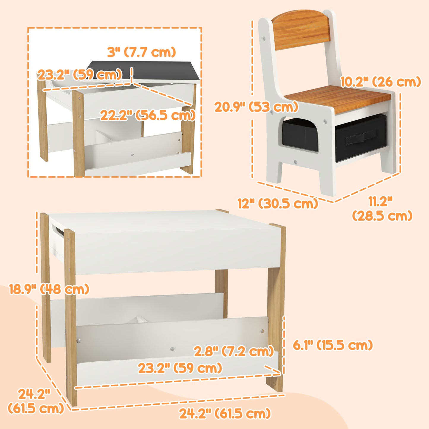Qaba 3 Piece Kids Table and Chair Set with Reversible Tabletop, Blackboard, Storage, Bookshelf, for Playroom, Nursery Na