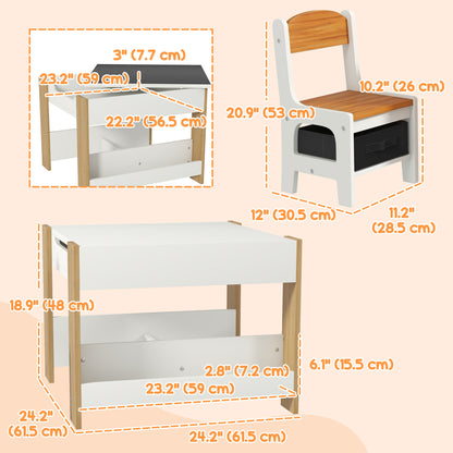 Qaba 3 Piece Kids Table and Chair Set with Reversible Tabletop, Blackboard, Storage, Bookshelf, for Playroom, Nursery Na