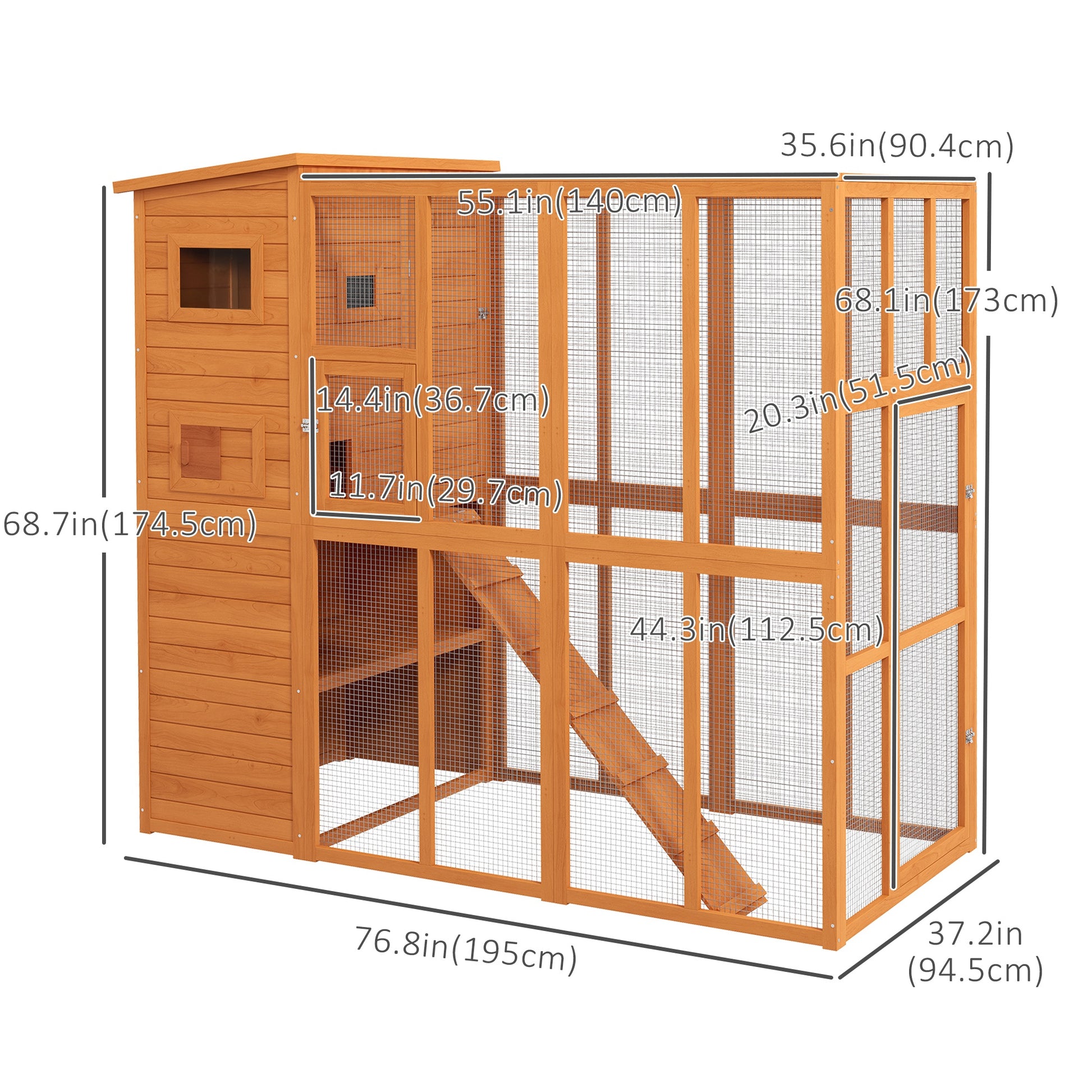 68.75" H Cat Cage Large Wooden Outdoor Cat House with Large Run for Play, Catio for Lounging, and Condo Area for Sleepin