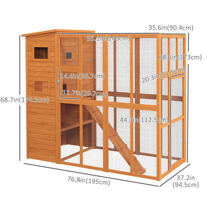68.75" H Cat Cage Large Wooden Outdoor Cat House with Large Run for Play, Catio for Lounging, and Condo Area for Sleepin