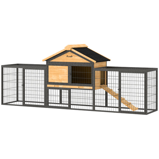 Rabbit Hutch Outdoor, 85"L Large Wooden Bunny Cage with Run Box, Removable Plastic Tray, Asphalt Roof, Ramp, Yellow