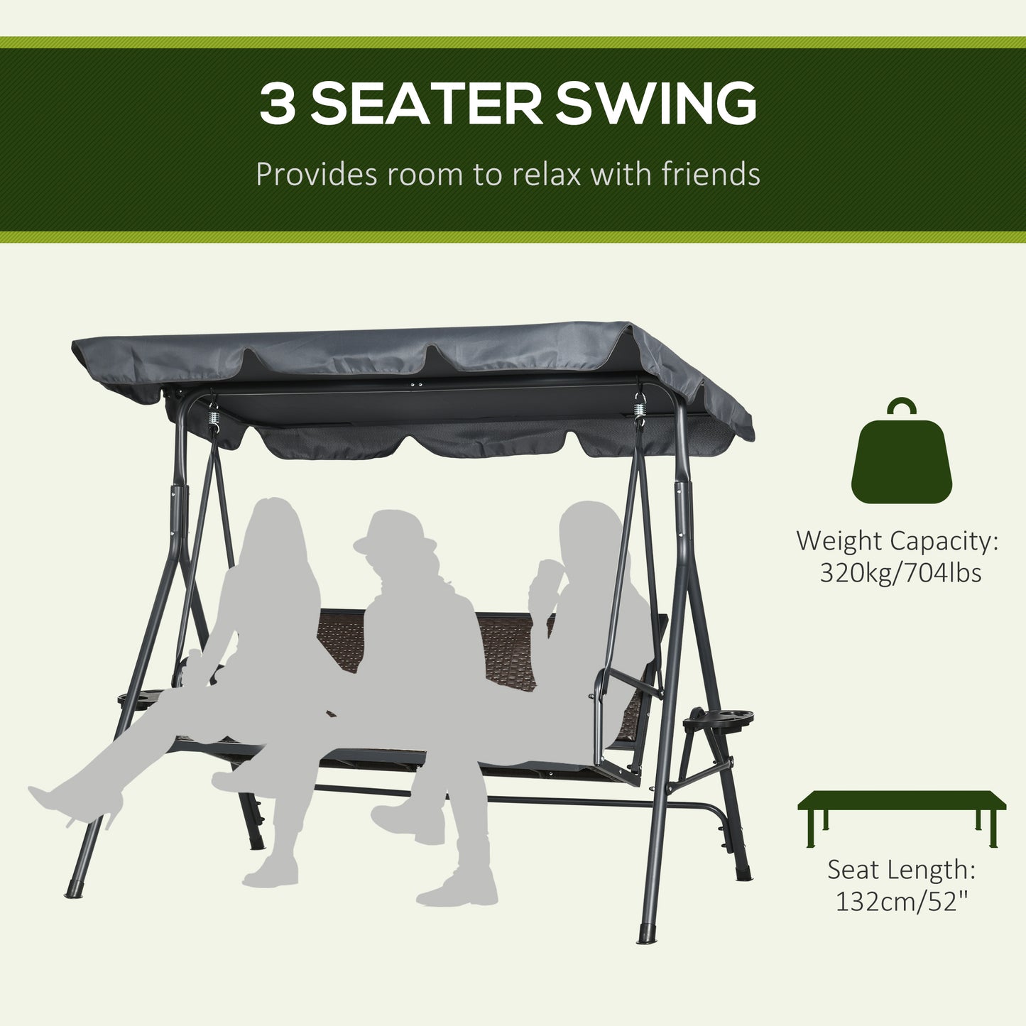 3-Seat Patio Swing Chair, Outdoor Canopy Swing Glider with Adjustable Shade, Rattan Seat and Steel Frame, for Porch, Gar