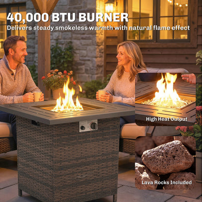 Propane Fire Pit Table, 28 Inch 40,000 BTU Square Rattan Fire Table with Lava Rock, Pulse-Ignition Wicker Gas Fire Pit