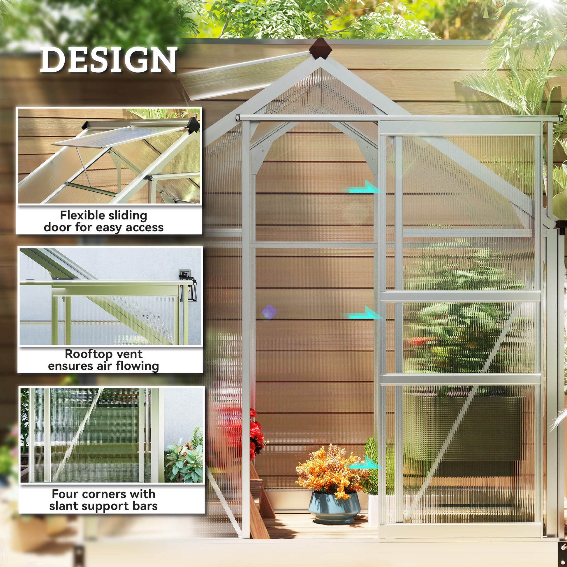 6' x 4' x 6.6' Polycarbonate Greenhouse, Walk-In Green House Kit Garden, Plants Grow, Galvanized Sheet Aluminum Frame wi