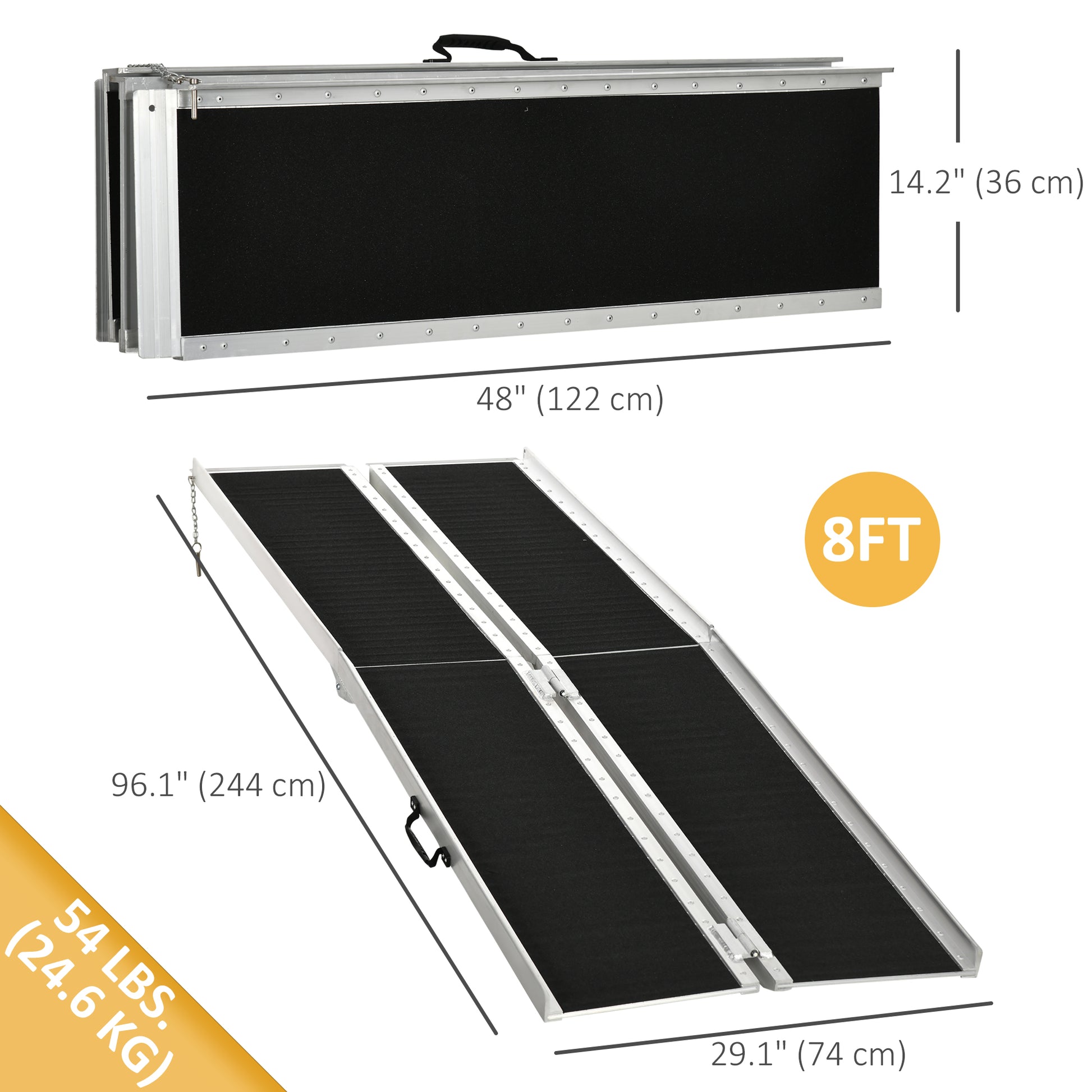 8ft Wheelchair Ramp, 600lbs Capacity Non-Slip Aluminum Folding Handicap Ramp with Reinforced Welded Hinges, for Home Ste