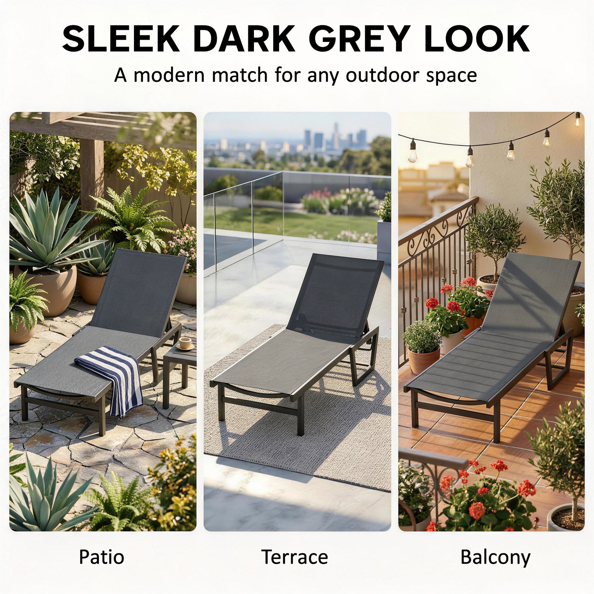 Lounge Chair Outdoor, 63 cm Wide Chaise Lounge Tanning Chair, 4-Position Outdoor Tanning Lounger, Dark Grey